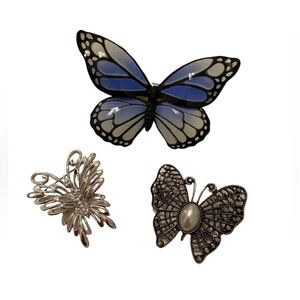 Vintage Butterfly Brooches Blue Enamel, Silver plate, and Silver Filagree